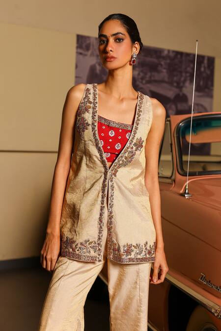 Shop_Sabe_Gold Tissue Embroidery Open , Round Maroon Designer Sharara Set _Online_at_Aza_Fashions