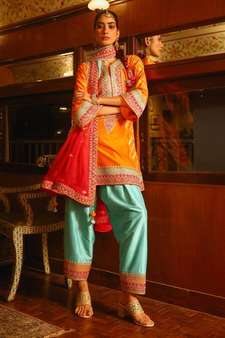 Sabe Orange Silk, Organza Embroidery, Tassels Split V-neck Designer Feroza Kurta Set Online at Aza Fashions Sabe_Orange Silk, Organza Embroidery, Tassels Split V-neck Designer Feroza Kurta Set _Online_at_Aza_Fashions