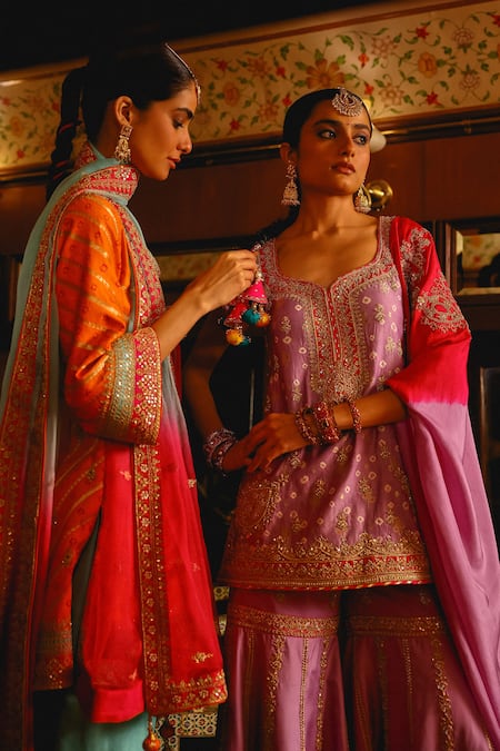 Buy Sabe Lilac Silk Embroidery Round Neck Bandhani Sharara Set Online at Aza Fashions Buy_Sabe_Lilac Silk Embroidery Round Neck Bandhani Sharara Set _Online_at_Aza_Fashions