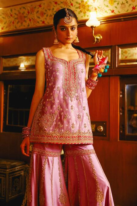 Shop Sabe Lilac Silk Embroidery Round Neck Bandhani Sharara Set Online at Aza Fashions Shop_Sabe_Lilac Silk Embroidery Round Neck Bandhani Sharara Set _Online_at_Aza_Fashions