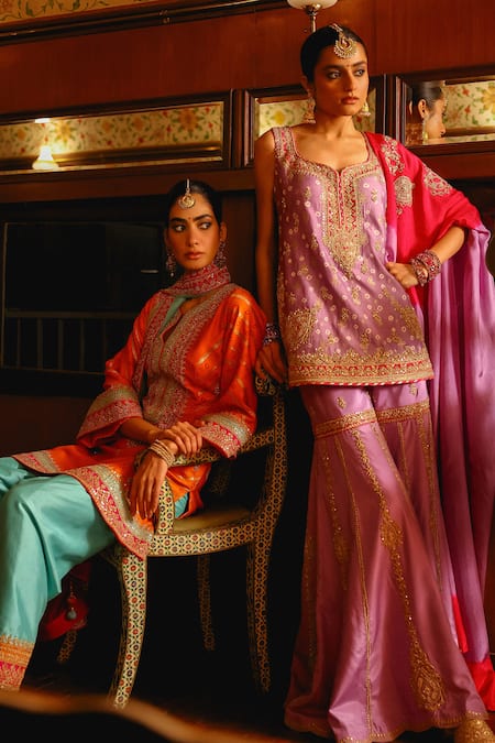 Buy Sabe Lilac Silk Embroidery Round Neck Bandhani Sharara Set Buy_Sabe_Lilac Silk Embroidery Round Neck Bandhani Sharara Set