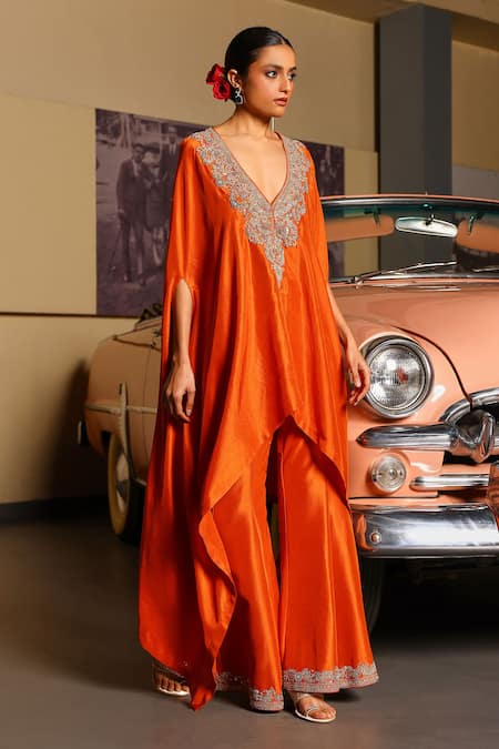 Sabe_Rust Silk Orange Designer Cape And Pant Set _Online_at_Aza_Fashions