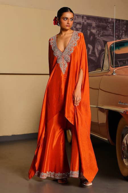 Sabe Rust Silk Orange Designer Cape And Pant Set 