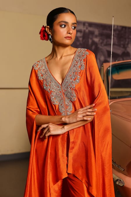 Buy_Sabe_Rust Silk Orange Designer Cape And Pant Set _Online_at_Aza_Fashions