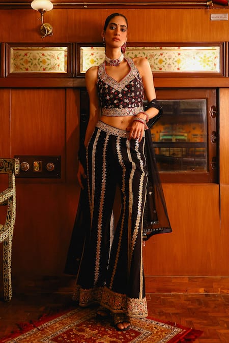 Sabe Black Georgette, Net Embroidery Halter Neck Designer Falguni Sharara Set 