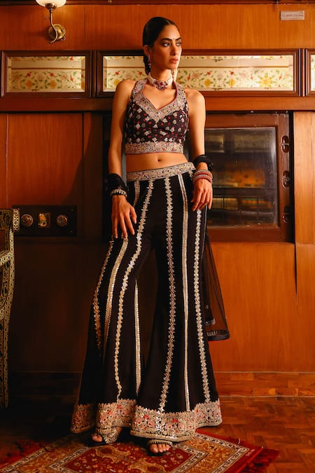 Sabe Black Georgette, Net Embroidery Halter Neck Designer Falguni Sharara Set at Aza Fashions Sabe_Black Georgette, Net Embroidery Halter Neck Designer Falguni Sharara Set _at_Aza_Fashions