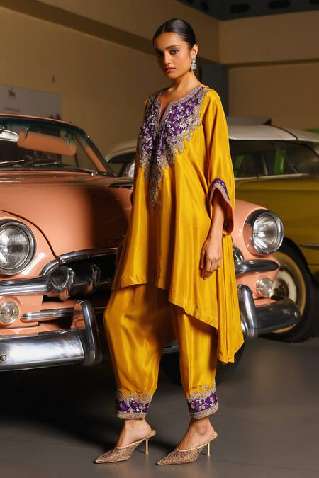 Buy Sabe Mustard Silk Embroidery Split V-neck Designer Purple Kiran Kurta Set Online at Aza Fashions Buy_Sabe_Mustard Silk Embroidery Split V-neck Designer Purple Kiran Kurta Set _Online_at_Aza_Fashions