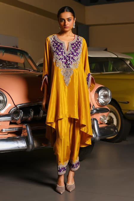 Sabe Mustard Silk Embroidery Split V-neck Designer Purple Kiran Kurta Set 