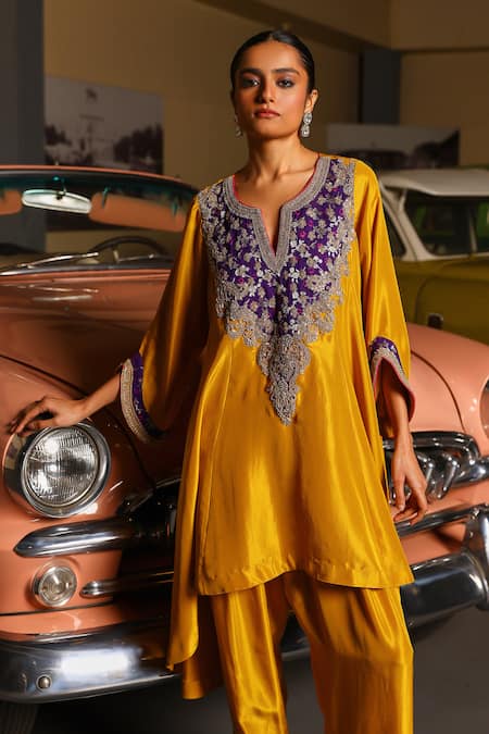 Shop Sabe Mustard Silk Embroidery Split V-neck Designer Purple Kiran Kurta Set Online at Aza Fashions Shop_Sabe_Mustard Silk Embroidery Split V-neck Designer Purple Kiran Kurta Set _Online_at_Aza_Fashions