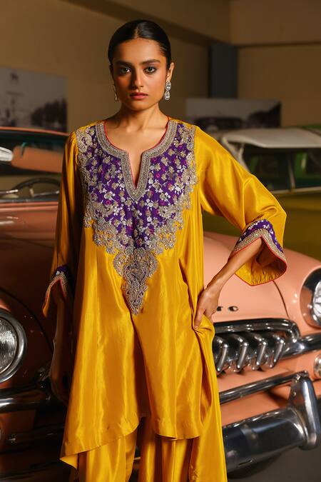 Sabe Mustard Silk Embroidery Split V-neck Designer Purple Kiran Kurta Set at Aza Fashions Sabe_Mustard Silk Embroidery Split V-neck Designer Purple Kiran Kurta Set _at_Aza_Fashions