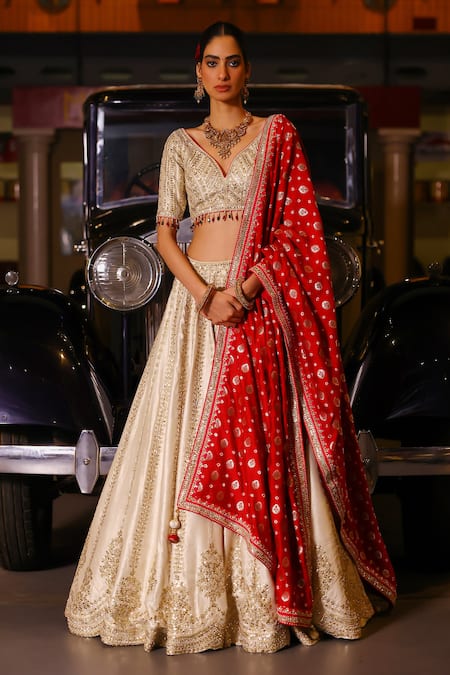 Sabe Gold Tissue, Silk Sequins, Beads, Embroidery V-neck Designer Safa Lehenga Set 