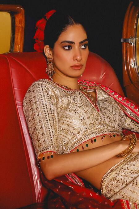 Shop Sabe Gold Tissue, Silk Sequins, Beads, Embroidery V-neck Designer Safa Lehenga Set Shop_Sabe_Gold Tissue, Silk Sequins, Beads, Embroidery V-neck Designer Safa Lehenga Set