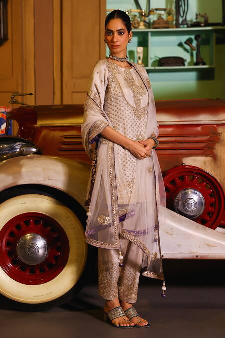 Sabe_Gray Tissue, Net Embroidery Round Neck Designer Nazara Kurta Set _Online_at_Aza_Fashions