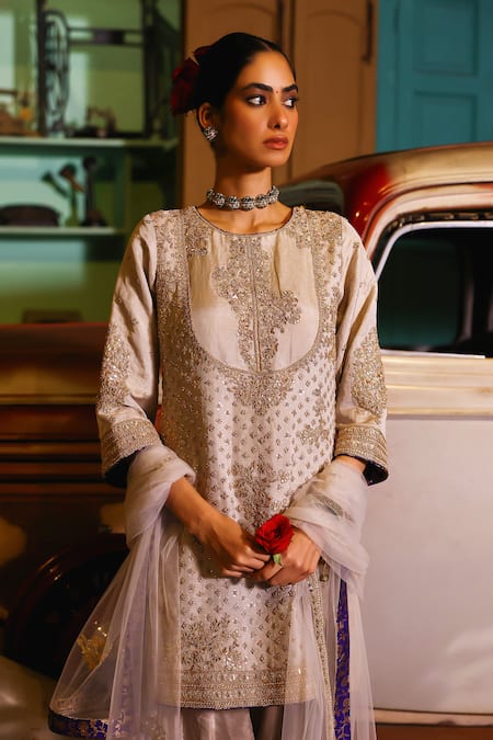 Buy_Sabe_Gray Tissue, Net Embroidery Round Neck Designer Nazara Kurta Set _Online_at_Aza_Fashions