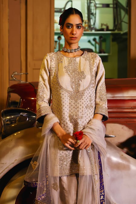 Shop_Sabe_Gray Tissue, Net Embroidery Round Neck Designer Nazara Kurta Set _Online_at_Aza_Fashions