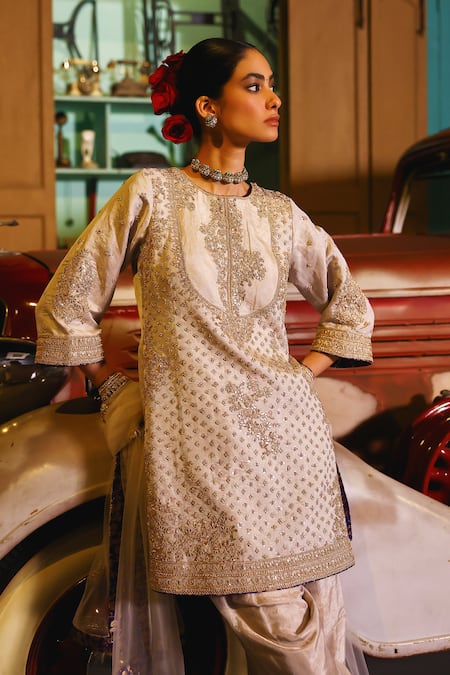 Sabe_Gray Tissue, Net Embroidery Round Neck Designer Nazara Kurta Set _at_Aza_Fashions