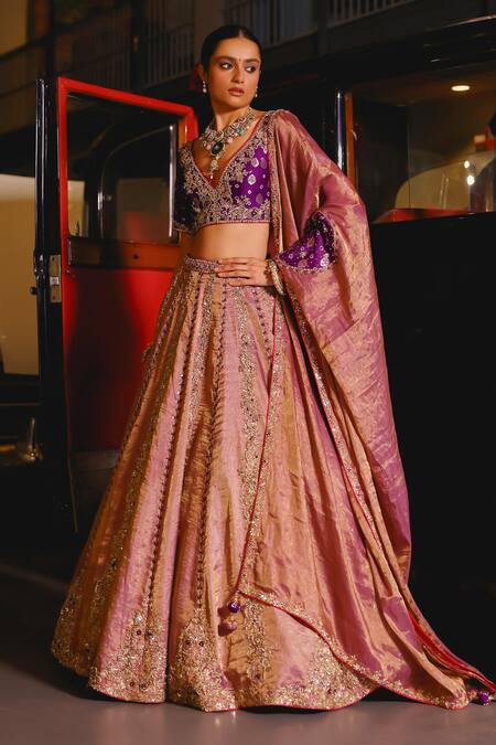 Sabe_Purple Tissue, Silk Sequins, Embroidery V-neck Haseen Lehenga Set _Online_at_Aza_Fashions