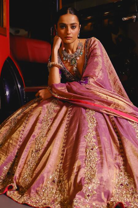 Buy_Sabe_Purple Tissue, Silk Sequins, Embroidery V-neck Haseen Lehenga Set _Online_at_Aza_Fashions