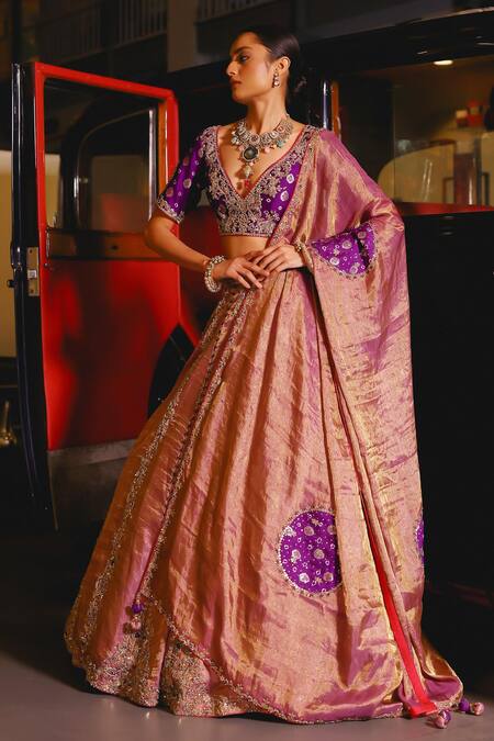 Buy_Sabe_Purple Tissue, Silk Sequins, Embroidery V-neck Haseen Lehenga Set 