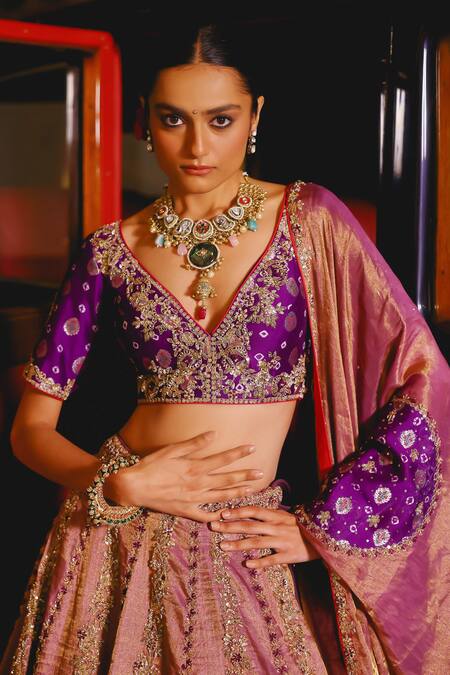 Shop_Sabe_Purple Tissue, Silk Sequins, Embroidery V-neck Haseen Lehenga Set 