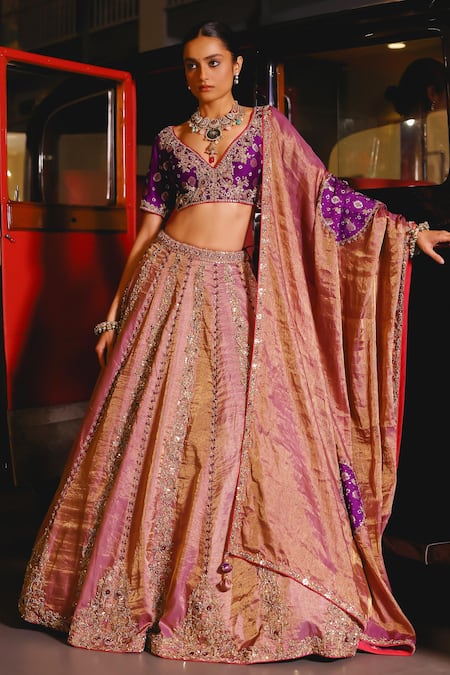 Sabe Purple Tissue, Silk Sequins, Zari, Embroidery V-neck Haseen Lehenga Set 