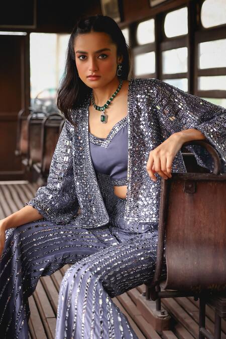 Shop_Sabe_Gray Silk, Net Sequins Sweetheart , Open Designer Cape And Pants Set 
