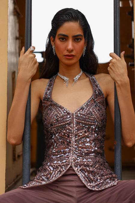Sabe Brown Net Sequins Halter Neck Designer Sharara Set at Aza Fashions Sabe_Brown Net Sequins Halter Neck Designer Sharara Set _at_Aza_Fashions