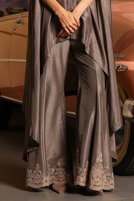 Sabe_Gray Silk Embroidery Designer Urja Fusion Cape And Bell Bottom Set _Online_at_Aza_Fashions