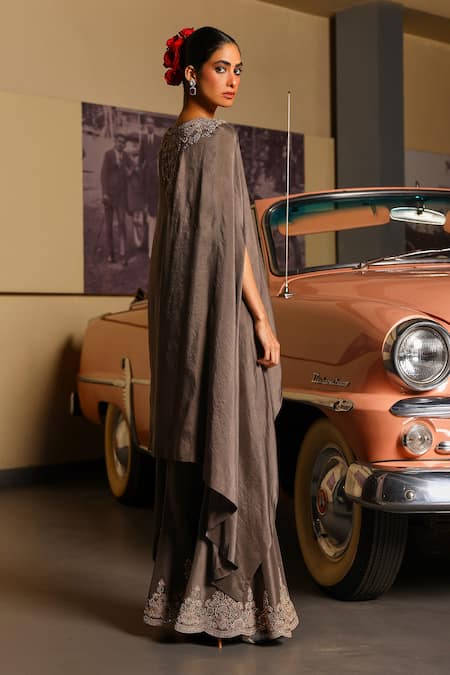 Buy_Sabe_Gray Silk Embroidery Designer Urja Fusion Cape And Bell Bottom Set _Online_at_Aza_Fashions