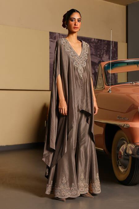 Shop_Sabe_Gray Silk Embroidery Designer Urja Fusion Cape And Bell Bottom Set _Online_at_Aza_Fashions