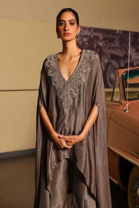 Sabe_Gray Silk Embroidery Designer Urja Fusion Cape And Bell Bottom Set _at_Aza_Fashions