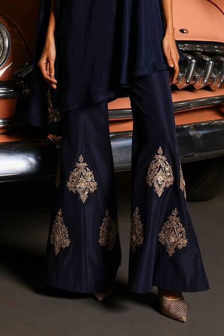 Sabe_Navy Silk Embroidery Blue Designer Cape And Bell-bottom Set _Online_at_Aza_Fashions