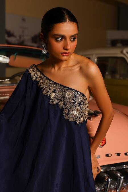 Buy_Sabe_Navy Silk Embroidery Blue Designer Cape And Bell-bottom Set _Online_at_Aza_Fashions