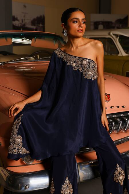 Shop_Sabe_Navy Silk Embroidery Blue Designer Cape And Bell-bottom Set _Online_at_Aza_Fashions