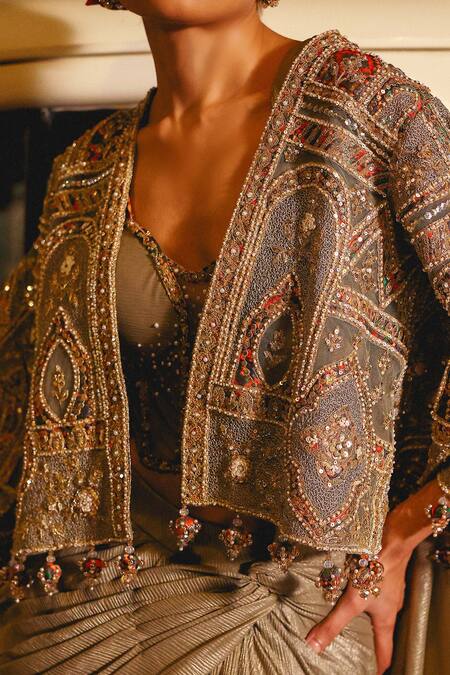 Sabe_Green Georgette, Net Sequins, Beads, Embroidery Designer Pre-draped Saree Set _at_Aza_Fashions