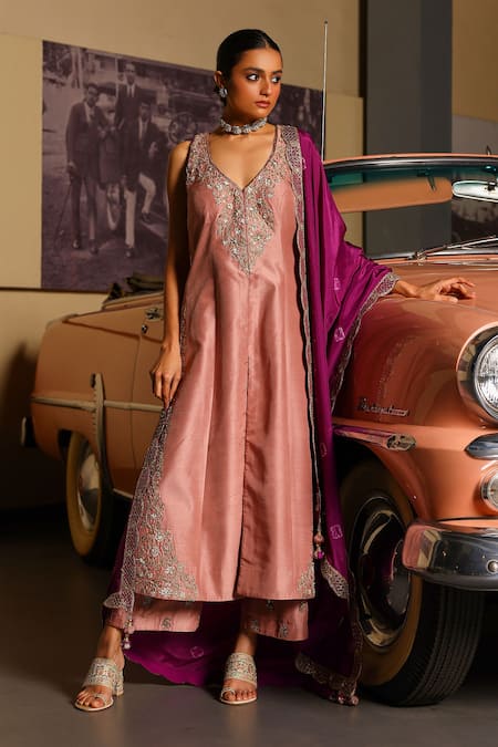 Sabe Rose Gold Silk Embroidery V-neck Designer Jazba Kurta Set 