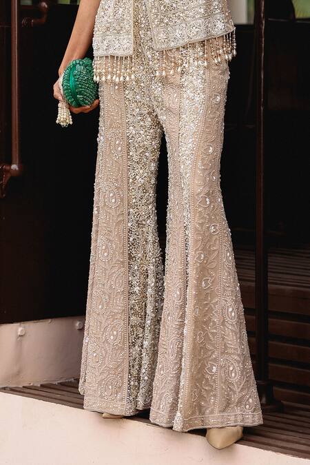 Shop_Sabe_Gold Embroidery, Sequins V-neck Designer Chikankari Sharara Set _Online_at_Aza_Fashions