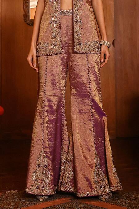 Sabe_Purple Tissue Embroidery, Sequins, Beads Open Neck, Designer Aarohi Sharara Set _Online_at_Aza_Fashions