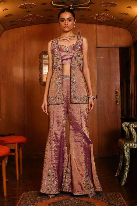 Buy_Sabe_Purple Tissue Embroidery, Sequins, Beads Open Neck, Designer Aarohi Sharara Set _Online_at_Aza_Fashions