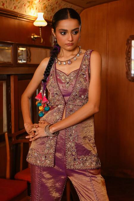 Sabe_Purple Tissue Embroidery, Sequins, Beads Open Neck, Designer Aarohi Sharara Set _at_Aza_Fashions