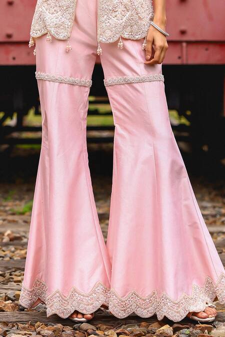 Buy_Sabe_Pink Silk, Net Embroidery V-neck Designer Soft Sharara Set _Online_at_Aza_Fashions