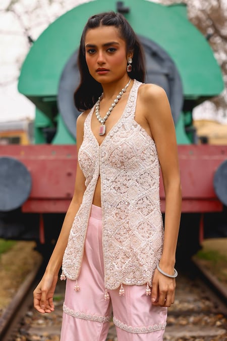 Shop_Sabe_Pink Silk, Net Embroidery V-neck Designer Soft Sharara Set 