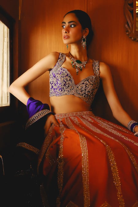 Sabe_Rust Silk Sequins, Embroidery, Beads And Royal Blue Designer Lehenga Set _Online_at_Aza_Fashions