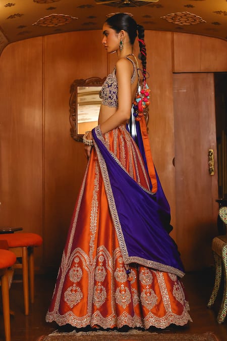 Shop_Sabe_Rust Silk Sequins, Embroidery, Beads And Royal Blue Designer Lehenga Set _Online_at_Aza_Fashions
