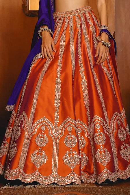 Sabe_Rust Silk Sequins, Embroidery, Beads And Royal Blue Designer Lehenga Set _at_Aza_Fashions