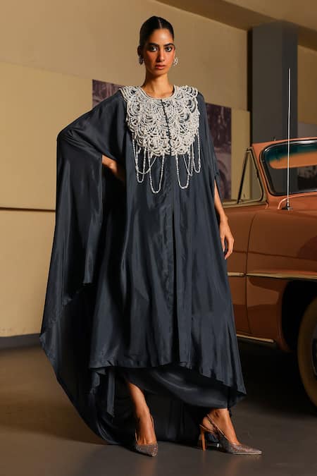 Sabe Charcoal Silk Beads, Pearls Round Neck Designer Safar Dress