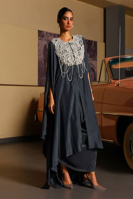 Sabe_Charcoal Silk Beads, Pearls Round Neck Designer Safar Dress _Online_at_Aza_Fashions