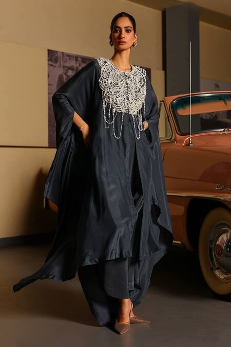 Buy_Sabe_Charcoal Silk Beads, Pearls Round Neck Designer Safar Dress _Online_at_Aza_Fashions