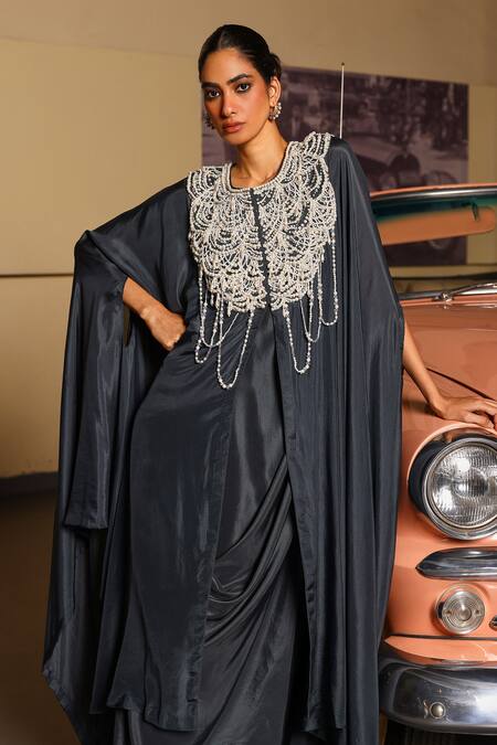Shop_Sabe_Charcoal Silk Beads, Pearls Round Neck Designer Safar Dress _Online_at_Aza_Fashions