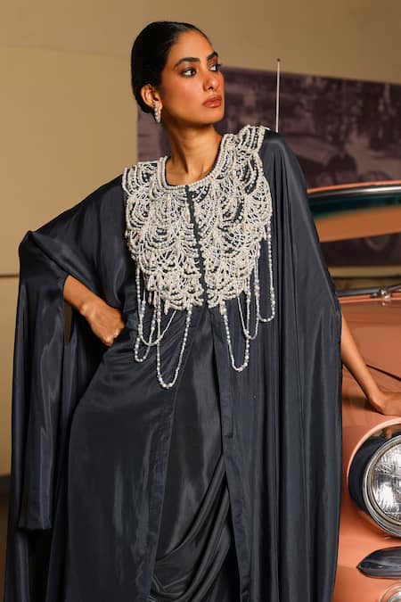 Sabe_Charcoal Silk Beads, Pearls Round Neck Designer Safar Dress _at_Aza_Fashions